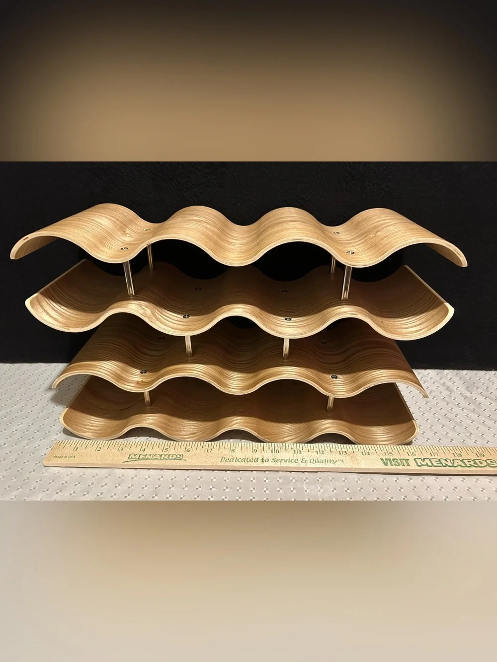 Mid Century Modern Style Wine Rack  Honeycomb Wavy Bent Wooden Holds 14 Bottles
